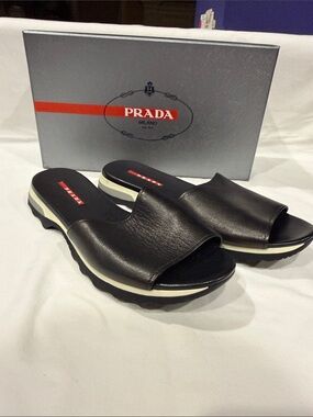 Prada Black Leather Men's Slide Sandals with White Trim